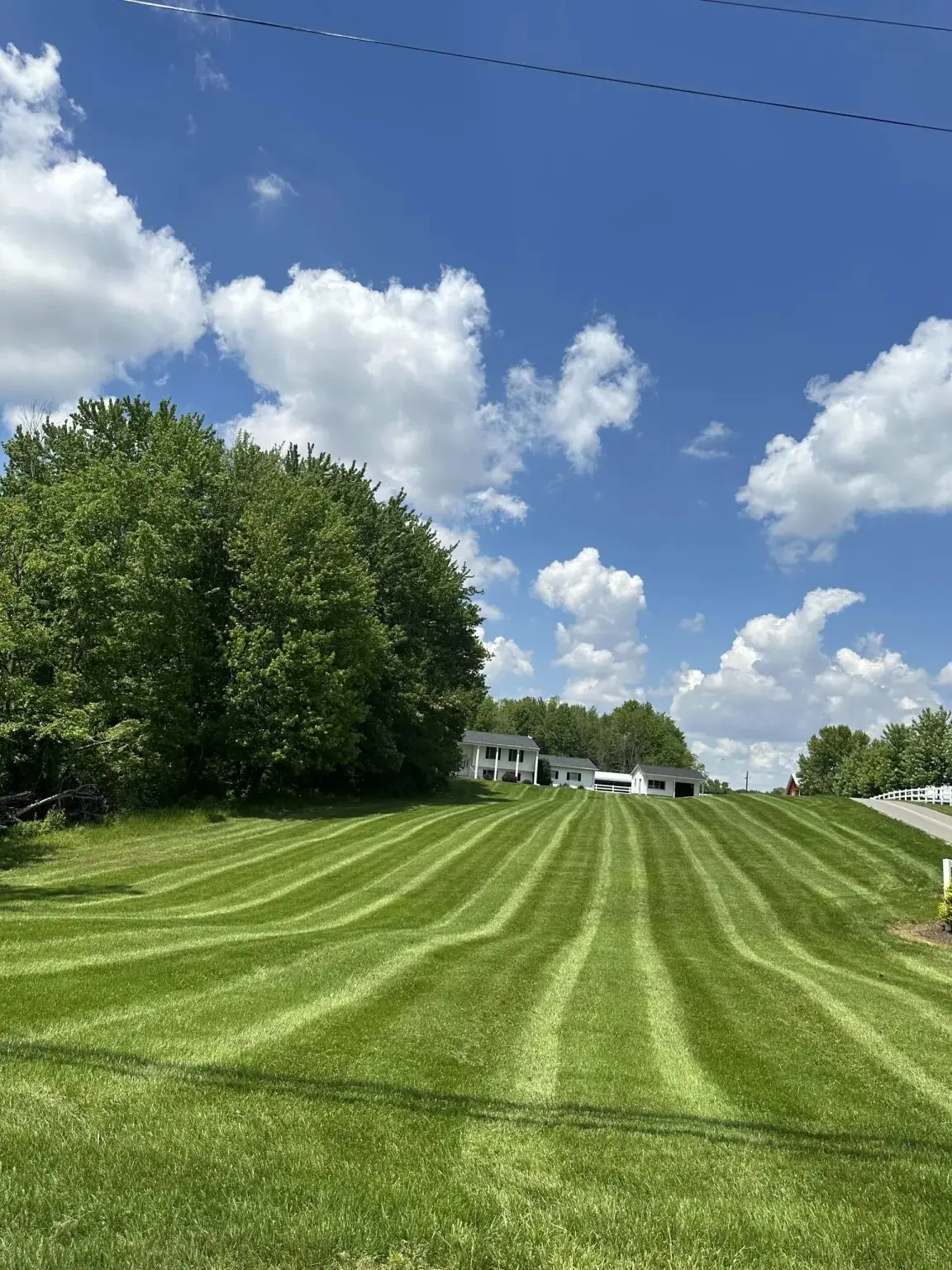 A freshly striped lawn under a summer sky