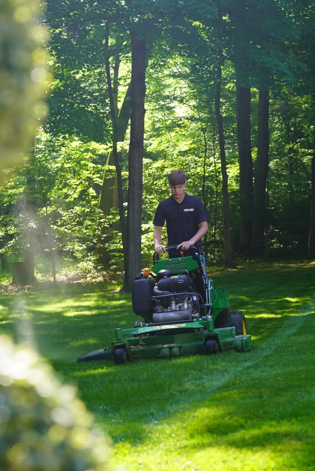 Mowing a shaded lawn at the edge of the woods on a stand-on mower